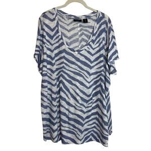 Tahari Womens Top 1X Blue Gray Zebra Stripe Print Linen Scoop Neck Short Sleeve